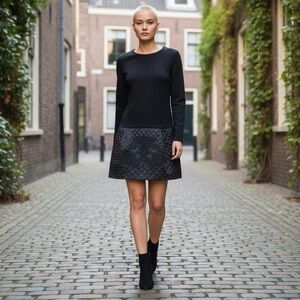 Pinko Black Long Sleeve Dress with Quilted and Embroidered Skirting Size 6